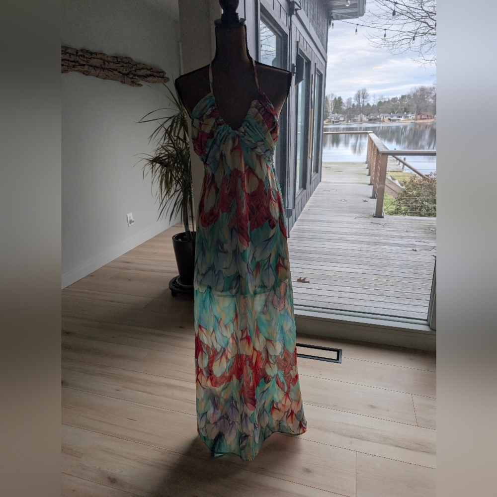 Ali & Kris Teal, Coral & Yellow Halter Maxi Dress
